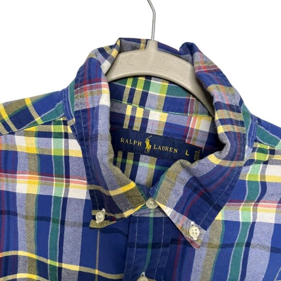 Ralph Lauren Men's Large Button Down Long Sleeve Plaid Shirt Blue Flesh Pony - Picture 4 of 7